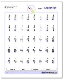 Spaceship Math Addition Worksheet O 4+3, 3+4, 6+7, 7+6 /worksheets/addition.html