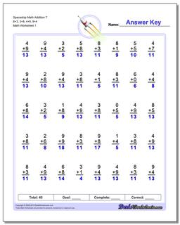 Addition Worksheet Spaceship Math T 8+3, 3+8, 4+9, 9+4