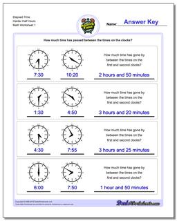 Analog Elapsed Time Harder Half Hours Worksheet