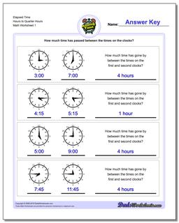 Analog Elapsed Time Hours to Quarter Hours Worksheet