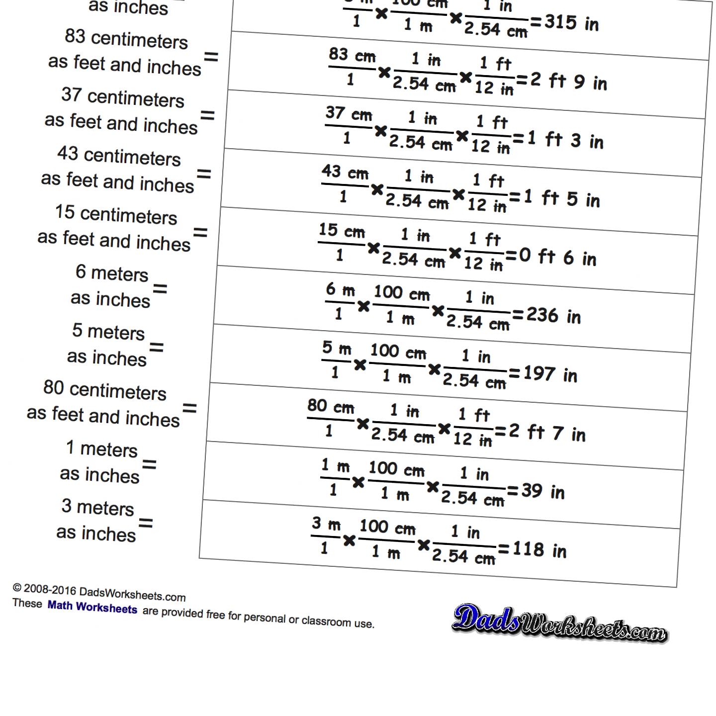 Math Worksheets Conversions Between Customary And Metric
