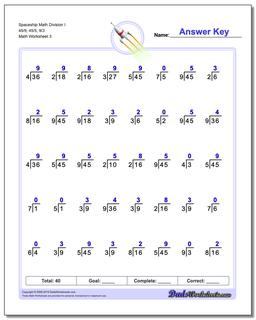 Spaceship Math Division Worksheet I 45/9, 45/5, 9/3