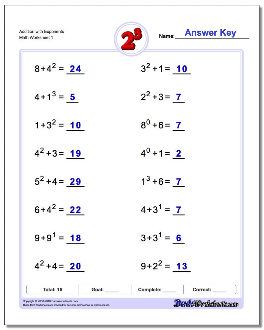 Adding Numbers With Exponents Worksheet