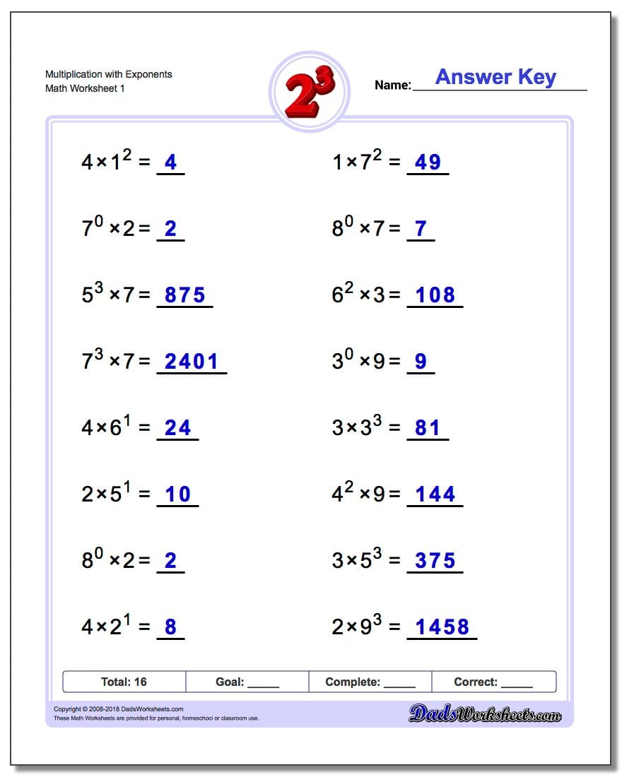 Exponent Properties Multiplication Worksheet