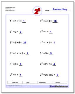 Simple Exponents With Hints /worksheets/exponents.html Worksheet
