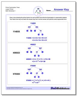 Factorization, GCD, LCM Prime Trees Larger Primes Worksheet