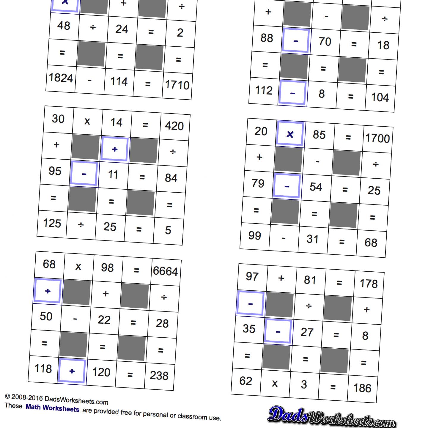 Math Worksheets Grid Puzzles (All Operations)