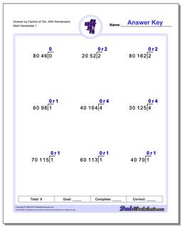 Long Division Worksheet by Factors of Ten, With Remainders