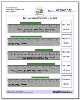 Measure Centimeter Wholes Length, Millimeter Starts Metric Measurement Worksheet