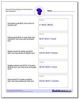 Money Word Easy Multiply and Divide Problems Worksheet /worksheets/money-word-problems.html