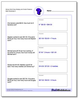 Money Word Easy Multiply and Divide Problems Worksheet