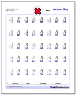 One by Two Digits Set 1 Multiplication Worksheet