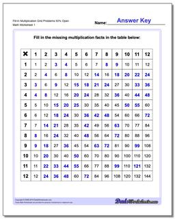 Multiplication Worksheet Fill-In Grid Problems 50% Open