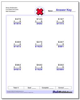 Multiplication Worksheet Money Full Dollars and Cents