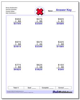 Money Multiplication Worksheet Decimal Quantities Quarter Dollars /worksheets/multiplication.html