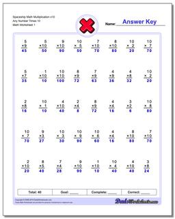 Multiplication Worksheet Spaceship Math x10 Any Number Times 10