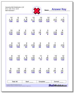 Multiplication Worksheet Spaceship Math x12E 9x12, 12x9, 10x12, 12x10