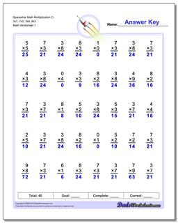 Multiplication Worksheet Spaceship Math O 3x7, 7x3, 3x8, 8x3