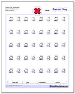 Multiple Digit Multiplication Zero in Tens Place Set 2 Multiplication Worksheet