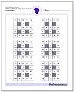 Number Grid Puzzle Math Operations Addition and Subtraction Large Values (Moderate)