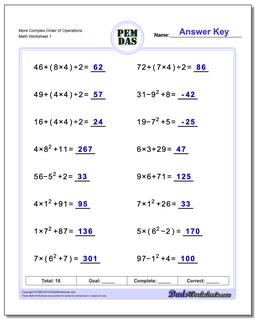 Order of Operations Worksheet More Complex