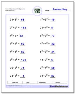 Order of Operations With Exponents Worksheet