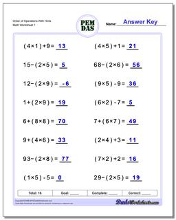 Order of Operations Worksheet With Hints