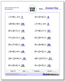 Order of Operations With Hints Worksheet