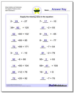 Mixed Addition Worksheet and Subtraction Worksheet Pre-Algebra Problems Worksheet (Hard)