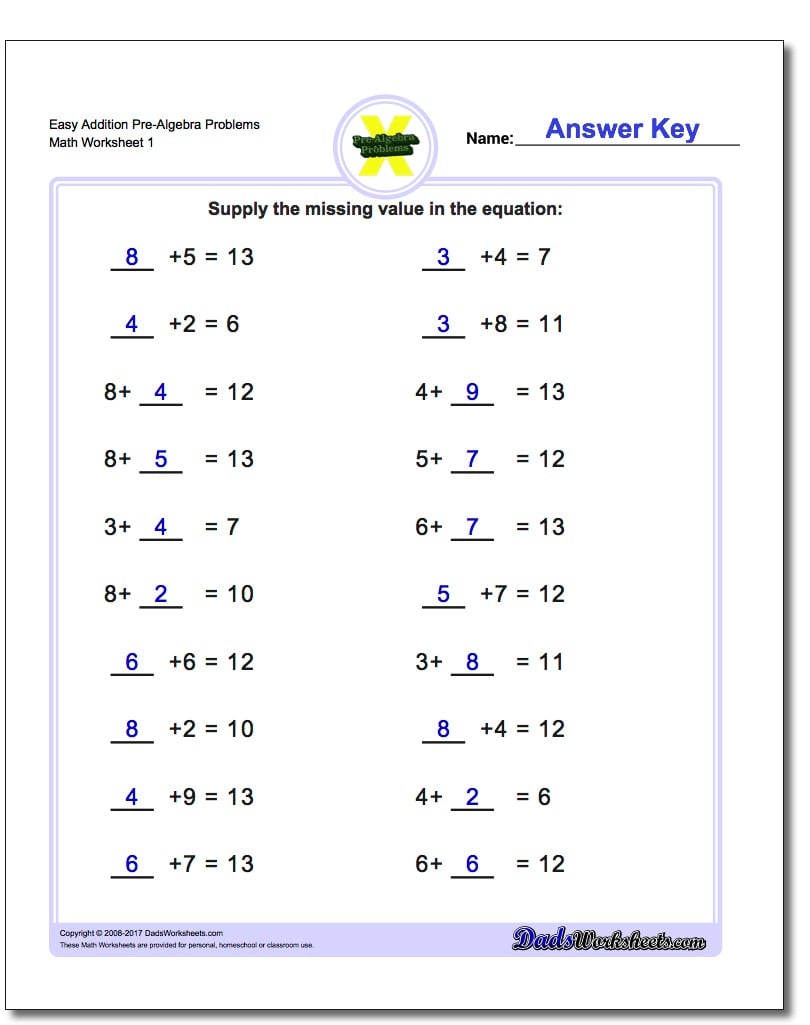 prealgebra addition problems one v1