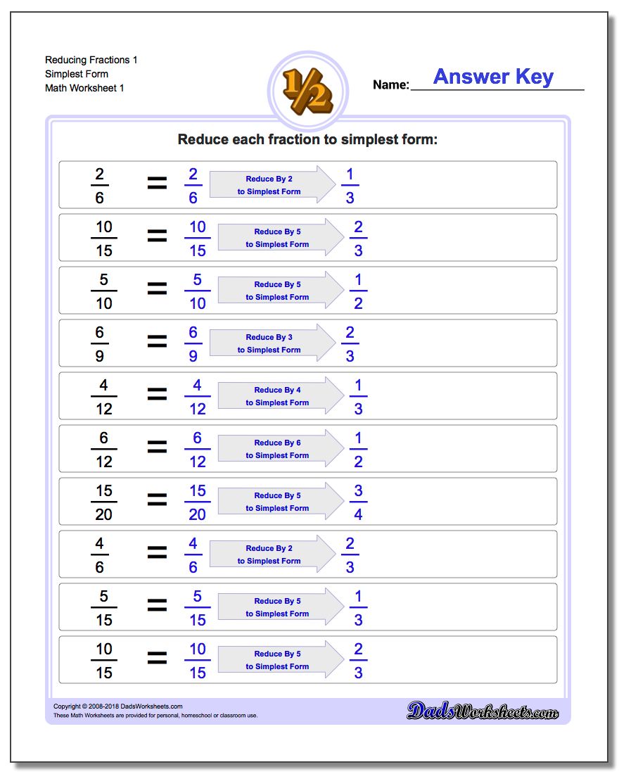 Reduce Fractions Worksheets