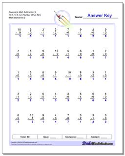 Spaceship Math Subtraction Worksheet G 10-1, 10-9, Any Number Minus Zero /worksheets/subtraction.html