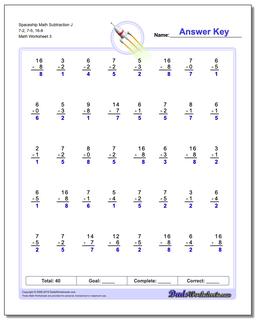Spaceship Math Subtraction Worksheet J 7-2, 7-5, 16-8