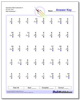 Subtraction Worksheet Spaceship Math K 8-2, 8-6, 18-9