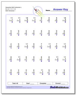 Subtraction Worksheet Spaceship Math L 9-2, 9-7, 11-7, 11-4
