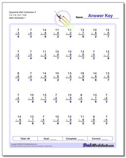 Subtraction Worksheet Spaceship Math P 7-3, 7-4, 13-7, 13-6