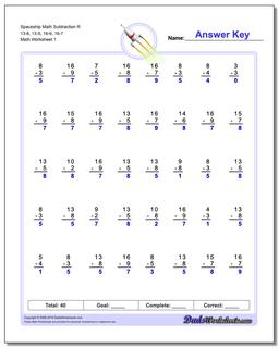 Subtraction Worksheet Spaceship Math R 13-8, 13-5, 16-9, 16-7
