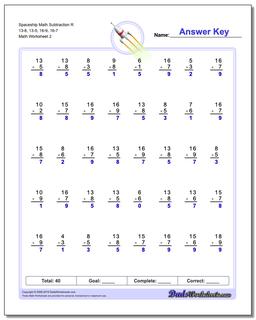 Spaceship Math Subtraction Worksheet R 13-8, 13-5, 16-9, 16-7 /worksheets/subtraction.html