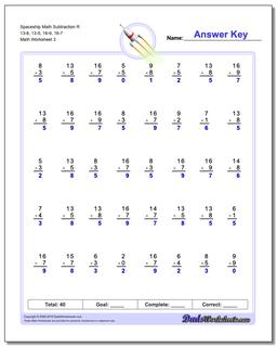 Spaceship Math Subtraction Worksheet R 13-8, 13-5, 16-9, 16-7