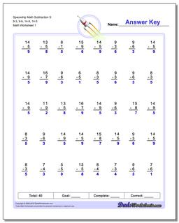 Subtraction Worksheet Spaceship Math S 9-3, 9-6, 14-9, 14-5