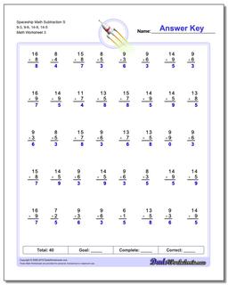 Spaceship Math Subtraction Worksheet S 9-3, 9-6, 14-9, 14-5