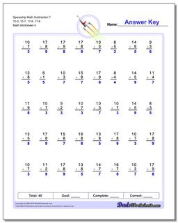 Spaceship Math Subtraction Worksheet T 10-3, 10-7, 17-9, 17-8