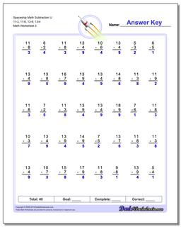 Spaceship Math Subtraction Worksheet U 11-3, 11-8, 13-9, 13-4