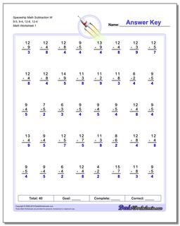 Subtraction Worksheet Spaceship Math W 9-5, 9-4, 12-8, 12-4
