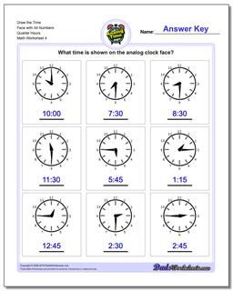 Draw the Time Face with All Numbers Quarter Hours Worksheet