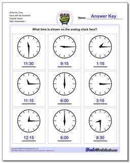 Telling Analog Time Write the Face with No Numbers Quarter Hours Worksheet