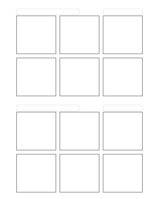 Comic strip template printables in PDF format for manga, newspaper or other styles. Panel 3 panel, 4 panel, 5 panel and more layouts in various styles, including with speech bubbles. 6 Panel 2 Up With Title