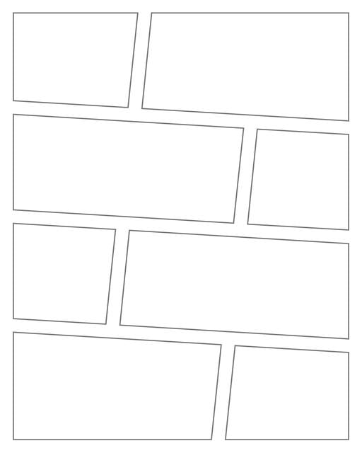 Comic strip template printables in PDF format for manga, newspaper or other styles. Panel 3 panel, 4 panel, 5 panel and more layouts in various styles, including with speech bubbles. Angled Panels 8 Panels V3