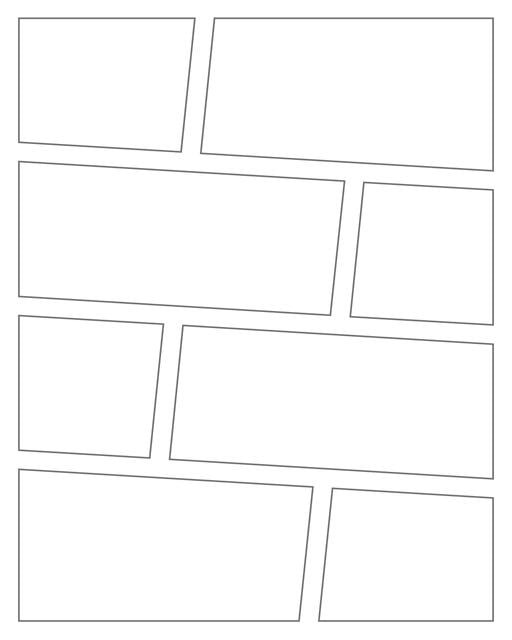 Comic strip template printables in PDF format for manga, newspaper or other styles. Panel 3 panel, 4 panel, 5 panel and more layouts in various styles, including with speech bubbles. Angled Panels 8 Panels V3