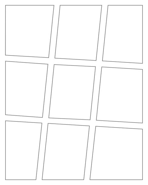 Comic strip template printables in PDF format for manga, newspaper or other styles. Panel 3 panel, 4 panel, 5 panel and more layouts in various styles, including with speech bubbles. Angled Panels 9 Panels